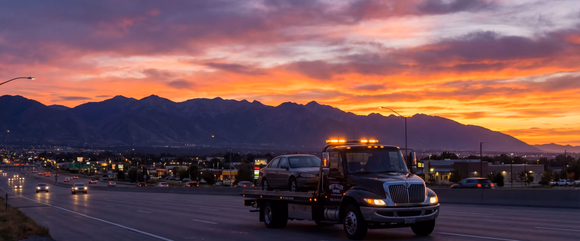 West Valley Towing truck on the road at night
